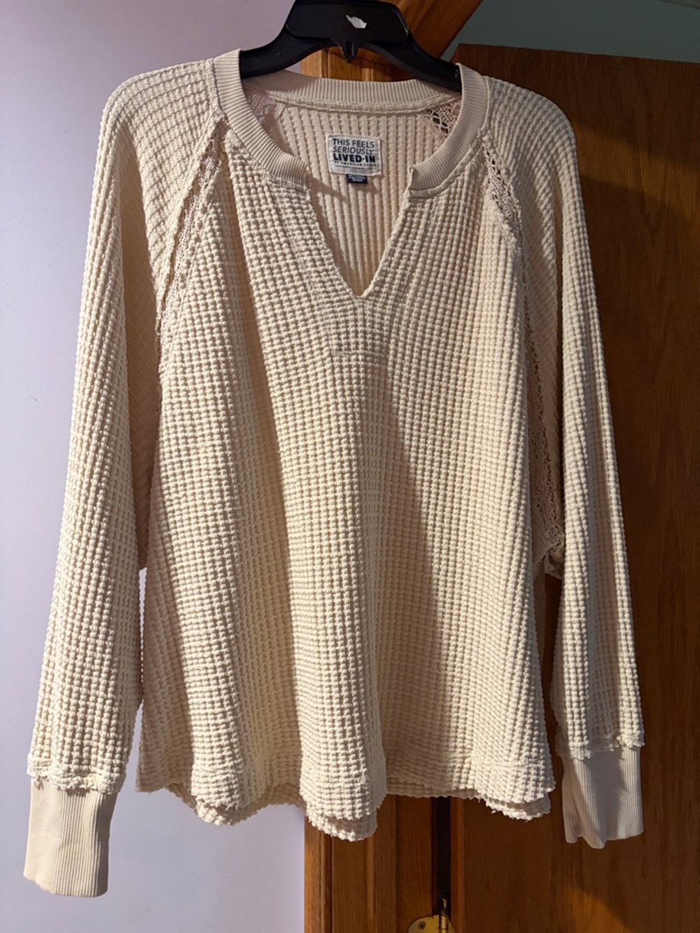American Eagle Outfitters Cream Waffle Knit V-Notch Pullover